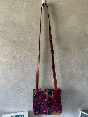 Patricia Nash Purple Floral Crossbody with Brown Leather Strap